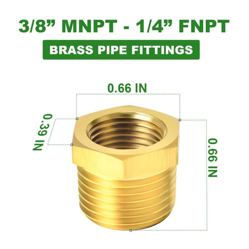 TAISHER 10PCS Brass Reducer Hex Bushing Threaded Pipe Fitting 3/8" NPT Male x 1/4" NPT Female Adapter - Image 4